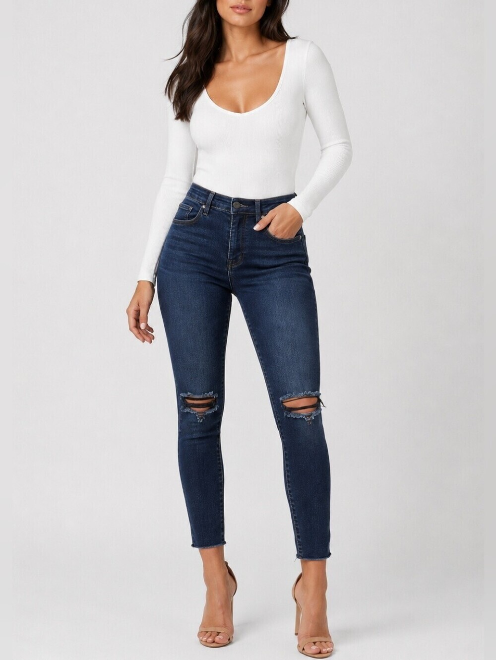 Good American Good Legs Skinny Jeans Dark Wash Distressed Raw Hem 26